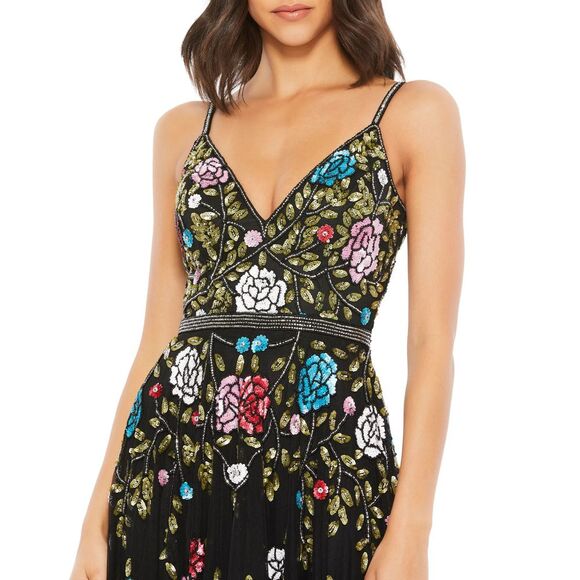 NWT $698 Mac Duggal [ 8 ] V Neck‎ Embellished Floral Sequined Gown Black #G1635 - Picture 2 of 15